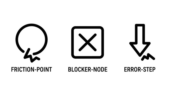 Problem solving and workflow obstacle icons set with friction business workflow solution management development software troubleshooting bottleneck navigation strategy planning analysis