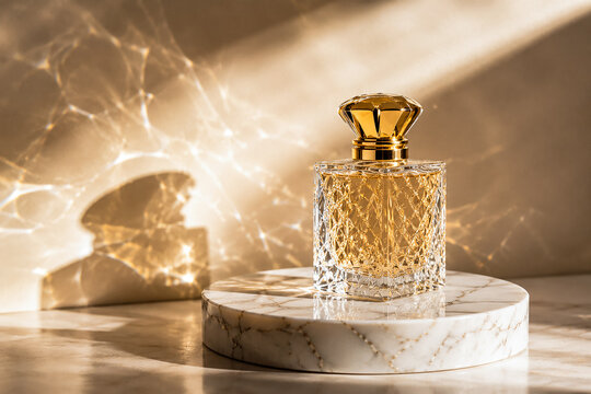 Luxury Perfume Bottle on Marble Podium with Golden Light Reflections