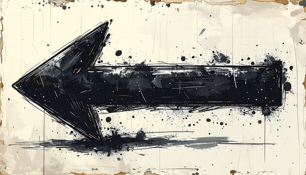 Rough black arrow shape with grunge texture, splattered paint effect and distressed paper background, pointing left