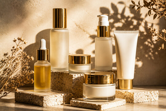 Luxury Skincare Product Collection with Golden Packaging and Soft Light