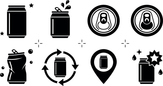 Aluminum soda can line icon set featuring crushed can recycle symbol top view pull tab splash location pin and beverage container vector graphics.