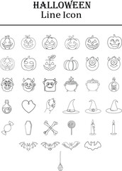 Fototapeta premium Mystical Halloween line icons vector graphics, spooky autumn holiday outline elements showcasing witch cauldron, horror pumpkin faces, gothic vampire bats minimalist linear doodle design.