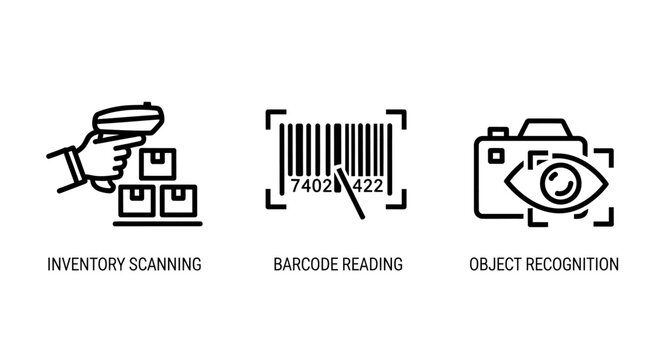 Inventory scanning barcode reading and object recognition icon set with inventory scanning recognition logistics automation tracking technology warehouse identification business management