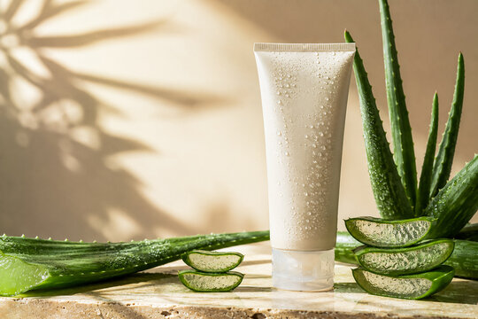 Natural Aloe Vera Skincare Tube with Fresh Green Leaves