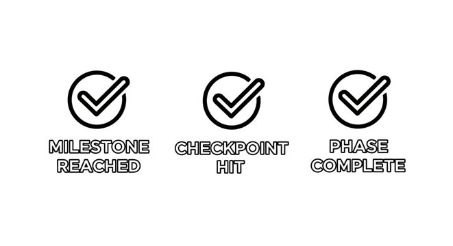Set of milestone reached and task completion checkmark icons with checkmark milestone checkpoint complete achievement verification progress finished validation business management workflow