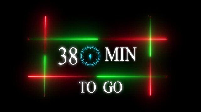 Neon 38 mins to go animation. Neon counting number animation 38 mins to go with Glowing Red and Green Light Frame on Black Background
