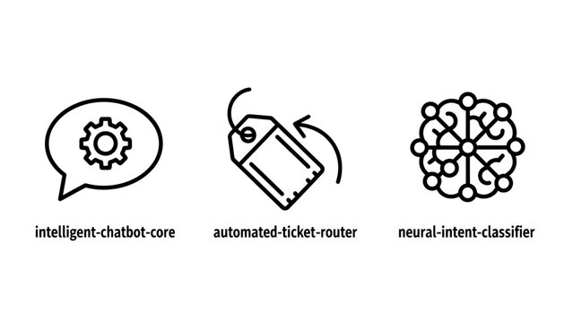 Artificial intelligence and automation process icons set featuring chatbot core automated ticket router neural intent classifier automation intelligence classifier technology artificial
