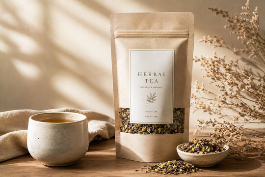 Premium Herbal Tea Packaging Pouch with Ceramic Cup and Dried Herbs