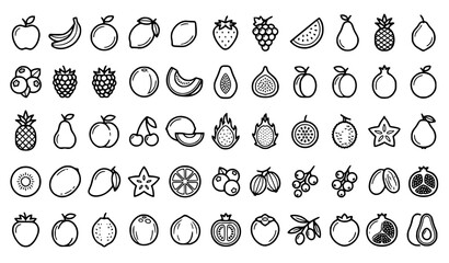 Fototapeta premium Black and White Fruit Line Icon Set for Healthy Lifestyle and Nutrition