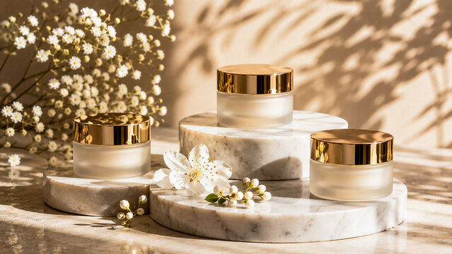 Premium Skincare Cream Jars with Floral Decoration and Soft Shadows