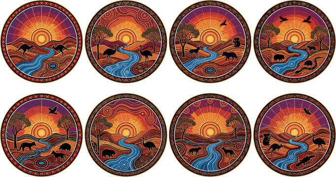Australian Aboriginal Dot Art Style Circular Badge Set with Outback Landscape Sunset River and Wildlife Animals for Cultural Vector Designs