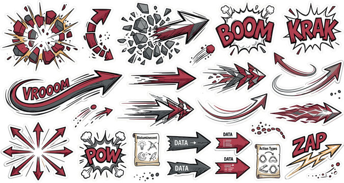 Comic Book Sound Effects and Action Arrow Sticker Vector Set with Boom, Pow, Zap, Elements, Sound Bubbles, and Graphic Explosion Shapes for Creative Designs