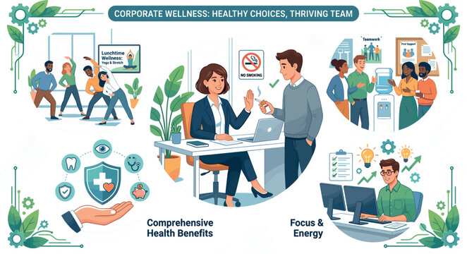Corporate Wellness Program Banner Vector Set with Office Employees Exercising Smoking Cessation Healthy Workplace Benefits and Focus Energy Elements for HR Communications