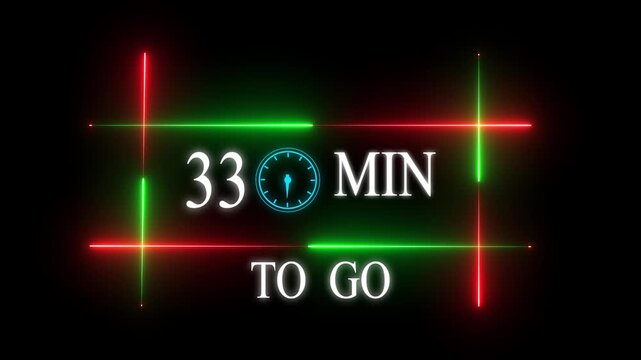 Neon 33 mins to go animation. Neon counting number animation 33 mins to go with Glowing Red and Green Light Frame on Black Background