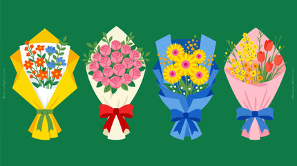 Obraz premium Beautiful Bouquets of Narcissus, Roses, Sunflowers, Tulips. Spring fresh flowers wrapped in gift paper with ribbon. Hand drawn trendy Vector illustration. Isolated design elements