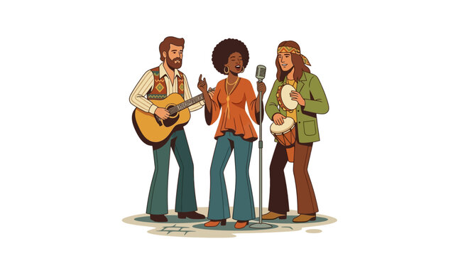 Retro Band Performing Live Music with Guitar and Drums, 70s Hippie Style