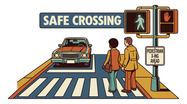 Safe Crossing: Pedestrians Wait at Crosswalk with Traffic Light and Car