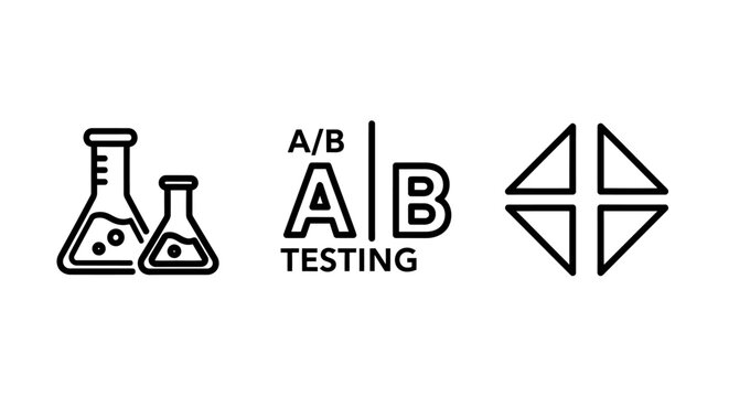 Scientific testing icons set featuring chemical flasks ab testing methodology and geometry chemistry experiment methodology research laboratory development analysis variables optimization