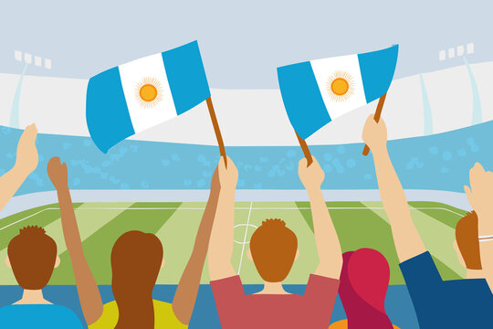 Soccer fans hold Argentine flags during a match in a stadium while cheering for their team on a sunny day