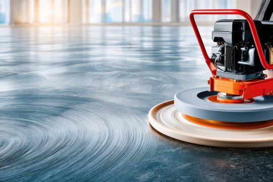 Concrete power trowel polishing a smooth industrial floor surface during construction site finishing work