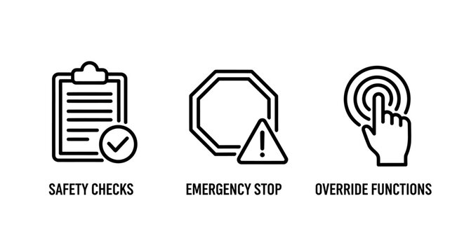 Safety checks emergency stop override functions technical control icons with emergency override functions technical industrial protocol compliance regulation protection security interface