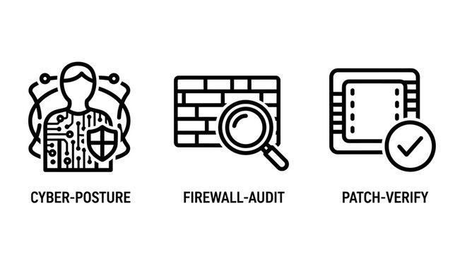 Set of cybersecurity and it maintenance icons depicting cyber posture firewall audit software patch verification for technical infrastructure security firewall verification computer