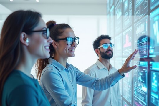 Diverse team of professionals analyzing data on a large interactive digital screen