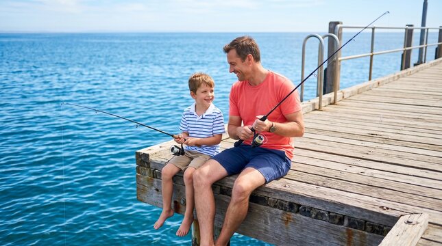 Father and son fishing from wooden pier on sunny day. Happy family hobby and leisure activity.