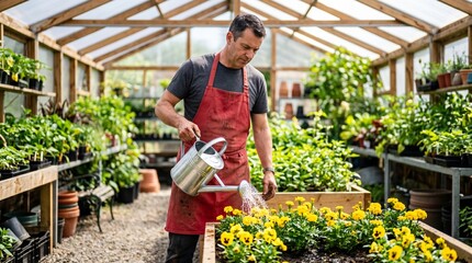 Obraz premium Man gardener watering yellow flower in greenhouse. Small business, botany, agriculture, organic farming and plant cultivation concept.