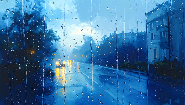 rainy day city street scene through a wet window, blurred lights and building facade