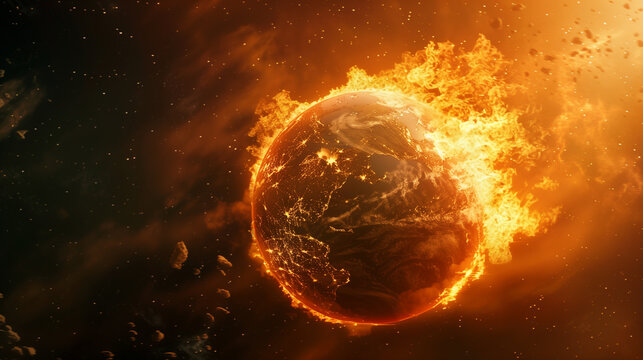 Planetary environmental crisis, Earth half-fire transformation, global warming concept art, climate change impact visualization, scorched world in space, dramatic fire and earth co