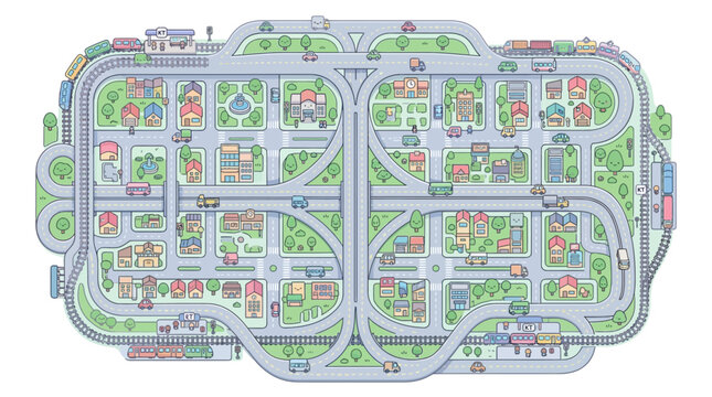 Cartoon City Map: Transport Network with Roads, Trains, and Houses