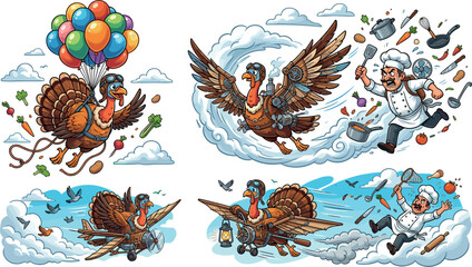Funny Steampunk Turkey Flying Adventure Set with Colorful Balloons, Biplane, Mechanical Wings, and Angered Cartoon Chef Chasing Through the Sky Vector Illustration © Md
