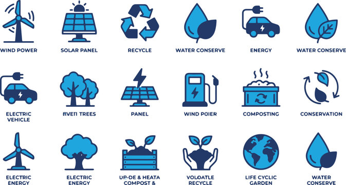 Sustainable icon set for environmental conservation, renewable resources, and eco-friendly waste management graphic designs