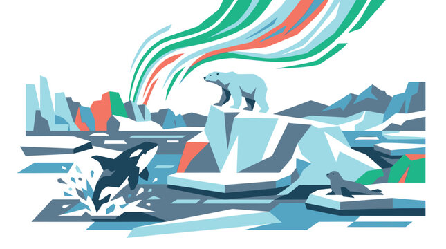 Polar bear, arctic landscape, icy scene, wildlife illustration, vector graphics