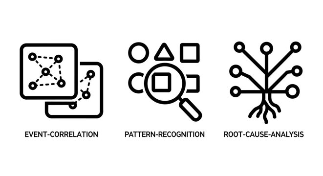Data analytics and system monitoring icons set with analytics correlation recognition analysis monitoring business technology development information intelligence structure detection