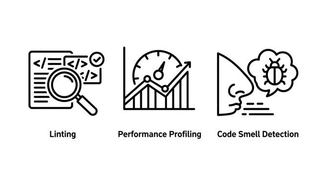 Software development quality assurance icons set with software development performance profiling detection debugging programming assurance optimization technical engineering analysis