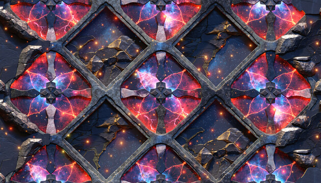 Sci-fi gothic stone grate texture with glowing red nebula and cosmic space views