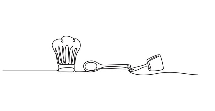 a chef's hat, a wooden spoon, and a spatula animation continuous one line drawing, Video. Ladle, cooking spatula and chef's cap in one solid line. Single line editable cutlery template for business 