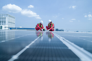Obraz premium On-site view as a field engineer in red coveralls and a hard hat leans over the array to inspect a module atop a commercial building, capturing clean energy, sustainable power.