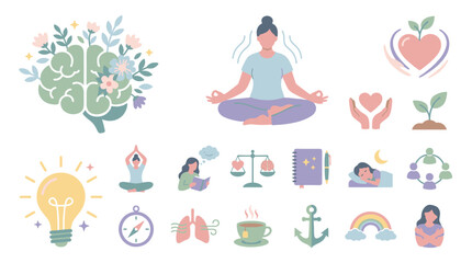 Mental health and self care vector illustration bundle. Flat design wellness icon set with meditating woman, brain with flowers, sleeping, journaling, and emotional balance symbols isolated on white b © Dayatkranji