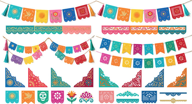 Mexican Papel Picado Garland and Borders Set with Colorful Tissue Paper Banners, Floral Patterns, Skull Elements, and Decorative Corners for Cinco de Mayo Decorations