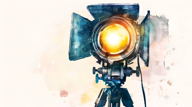 Vintage movie camera with bright spotlight illustration