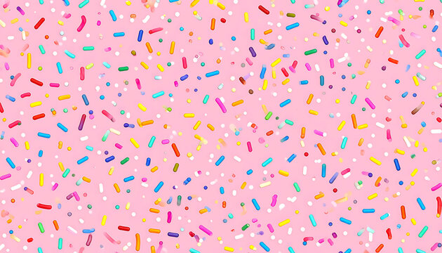 pixelated pink background with colorful sprinkles and small white dots, abstract dessert pattern
