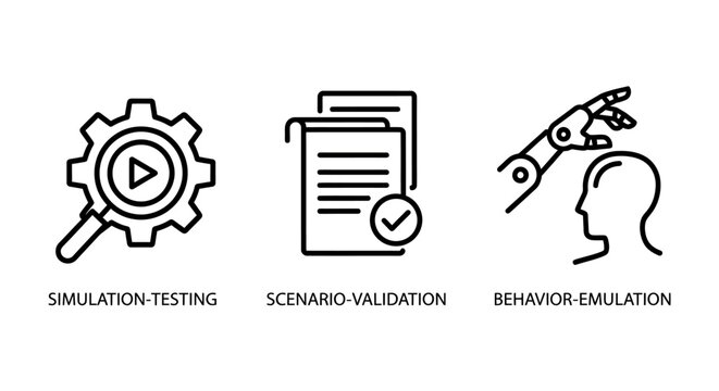 Software development quality assurance icons for simulation testing scenario validation behavior evaluation with simulation software development validation scenario behavior evaluation document