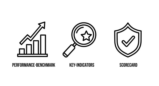 Performance benchmark key indicators and scorecard line icon set representing business success and evaluation with performance benchmark indicator scorecard magnifier business evaluation