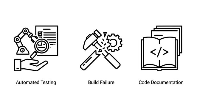 Software development and technical maintenance icons with automation documentation development software programming engineering robotics magnifying technology computer technical maintenance