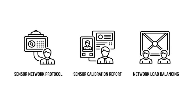 Sensor network protocol calibration report and network load balancing conceptual icons with protocol calibration balancing technology communication monitoring internet infrastructure analysis