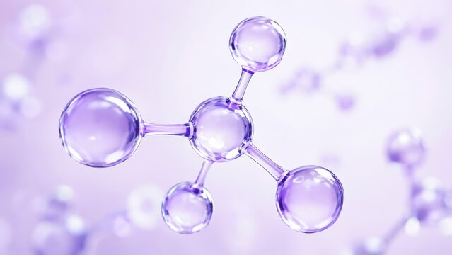 molecules PDRN on a purple background, polynucleotide treatment structure, salmon DNA repair ampoule, skin booster biotechnology, anti-aging collagen formation, cellular regeneration cosmetic science
