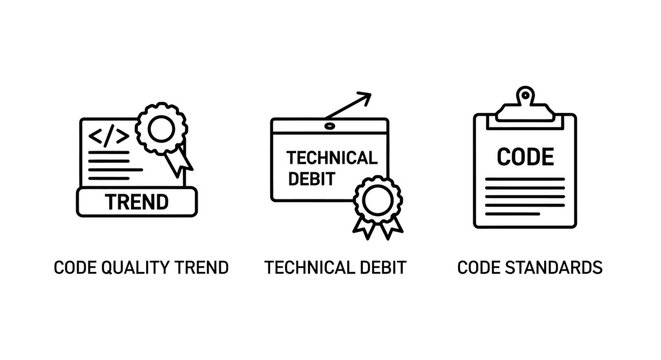 Code quality trend technical debt code standards icons with flat design white background programming standards software development engineering management performance optimization analysis